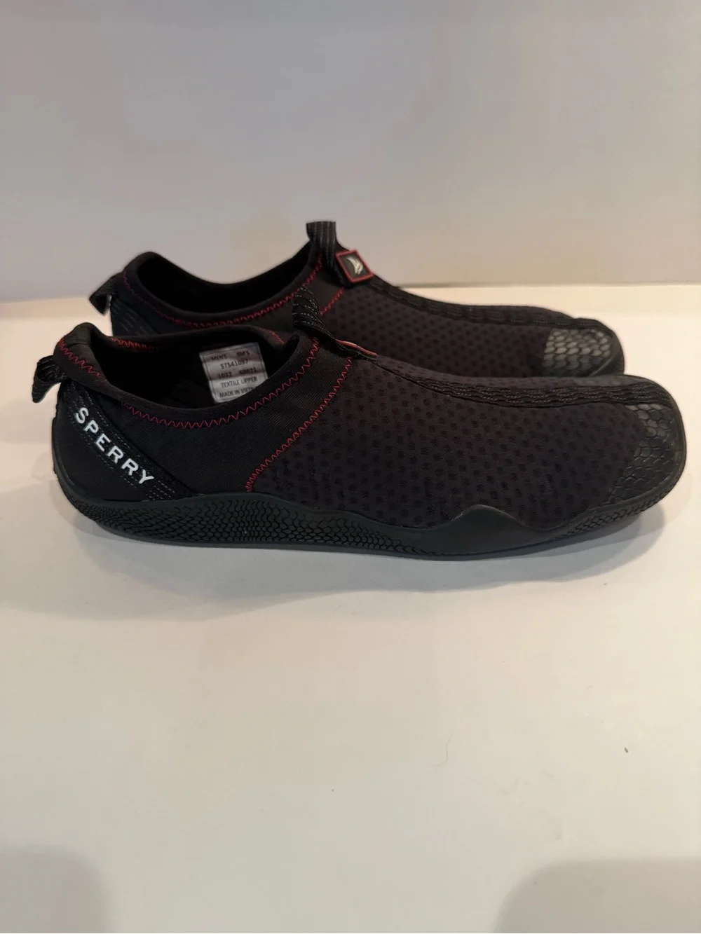 Sperry Black Slip-On Mesh Water Shoes with Red Stitching